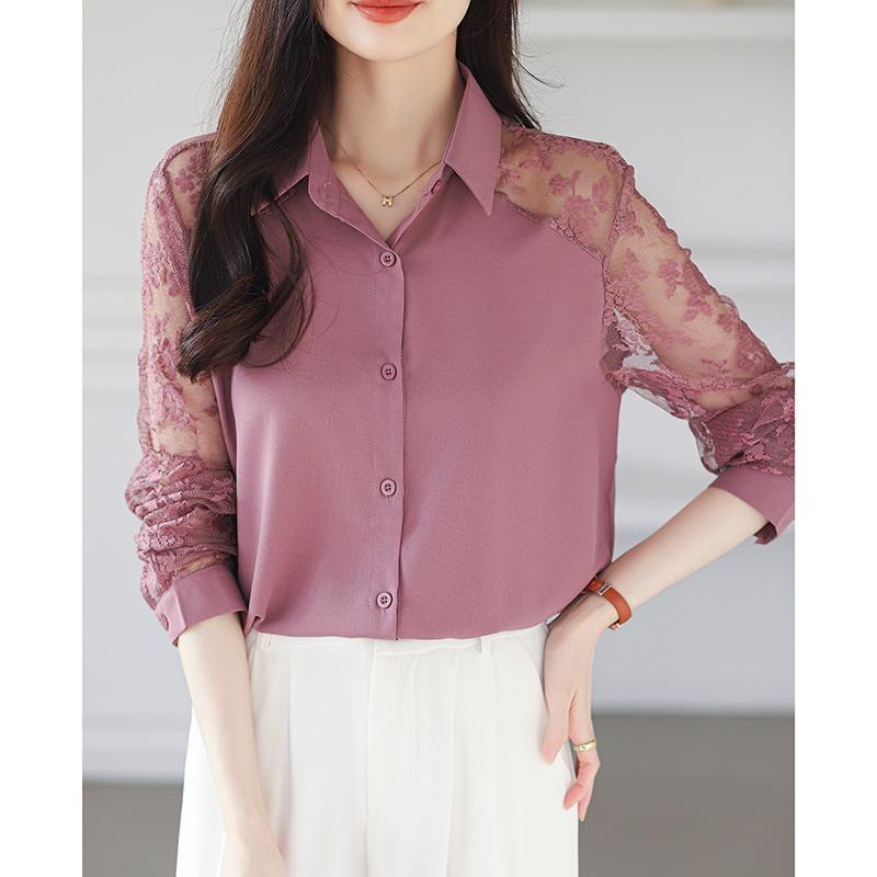 16 цветная кружевная шифоновая рубашка в стиле пэчворк, женская блузка, модный алый топ с длинными рукавами, тонкая рубашка для работы и вечеринки, однотонная