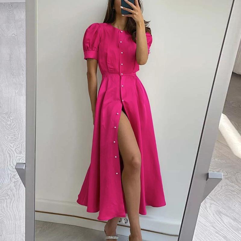 Summer Women's Dress Temperament Commuter High Waist Solid Colour Fashion Long Dresses