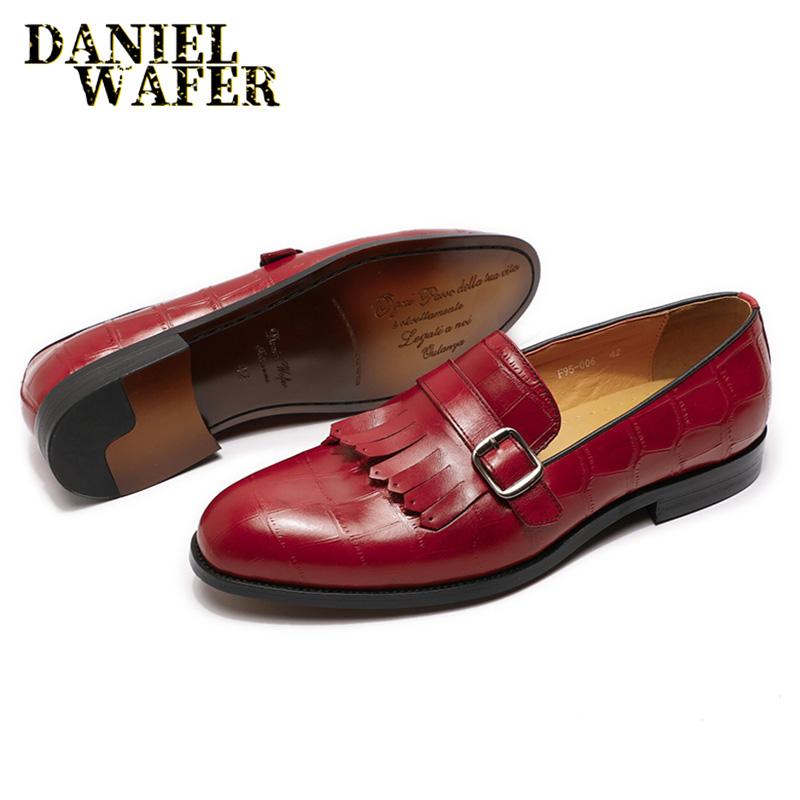 Роскошные мужские лоферы Повседневные мужские туфли Ручной работы Принт под камень Ремешок с пряжкой Слипоны Черные Красные Туфли из натуральной кожи