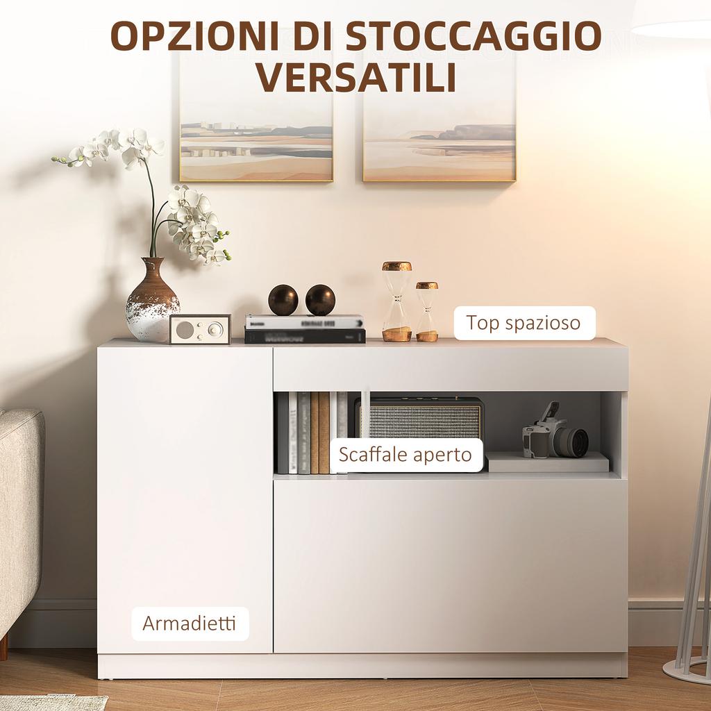 Modern Low Sideboard with Soft-Close Doors and Push-to-Open, Adjustable Shelves, White