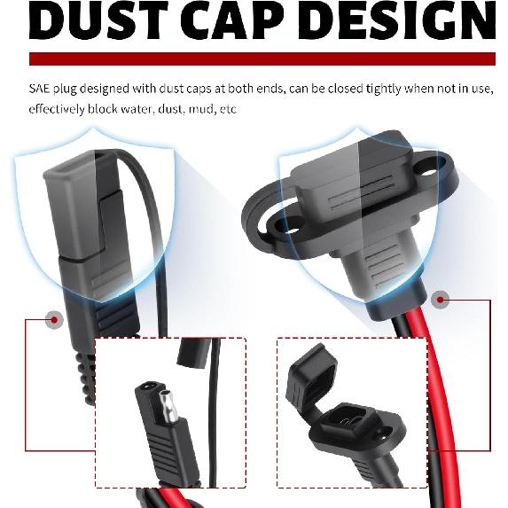2PCS 0.98Ft SAE Quick Connector Harness with Dust Cap,12AWG 12V Quick Connect Plug with Male Plug to Female Socket,SAE Plugs Kit with Mounting Screws