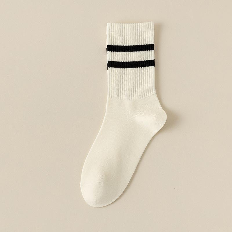 Pure Cotton Socks for Women In Autumn and Winter, Mid-calf Sweat-absorbing and Odor-proof Double-bar Striped Sports Long Calf Cotton Socks
