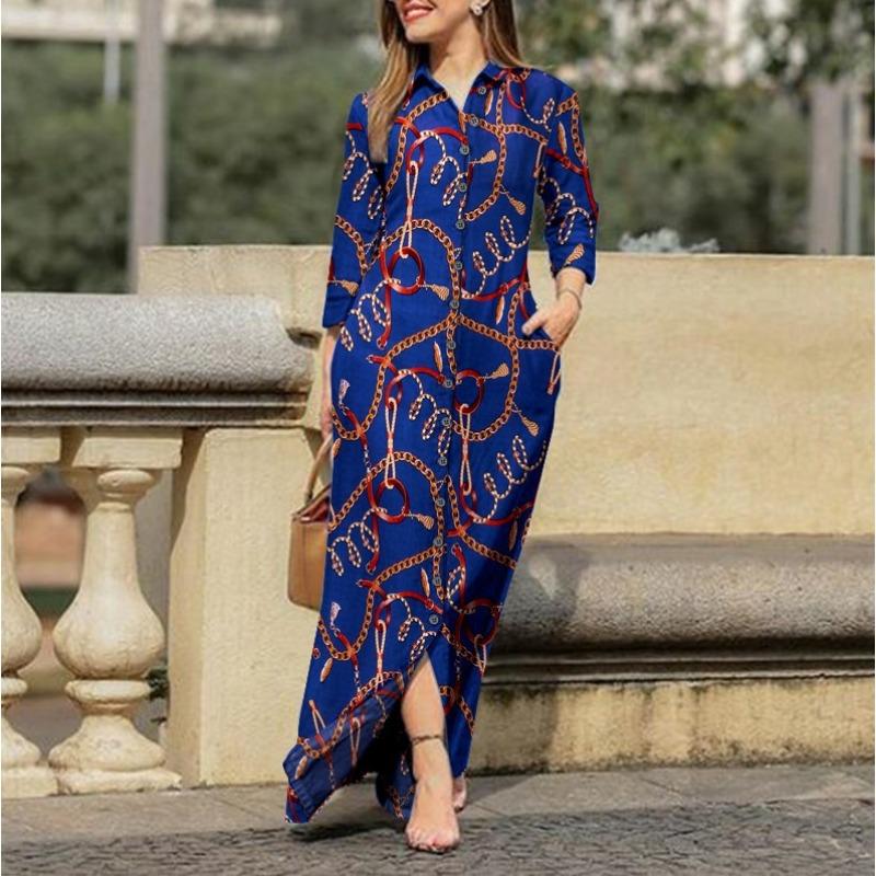 GMXIA Женская мода лето весна сплошной цвет печати с длинным рукавом ПОЛО шеи свободные повседневные платья на пуговицах