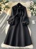 Милое стильное женское платье с бантом на шнуровке и фонариком с длинными рукавами, однотонные платья с высокой талией, осень-зима 2024, новинка 2024 г.