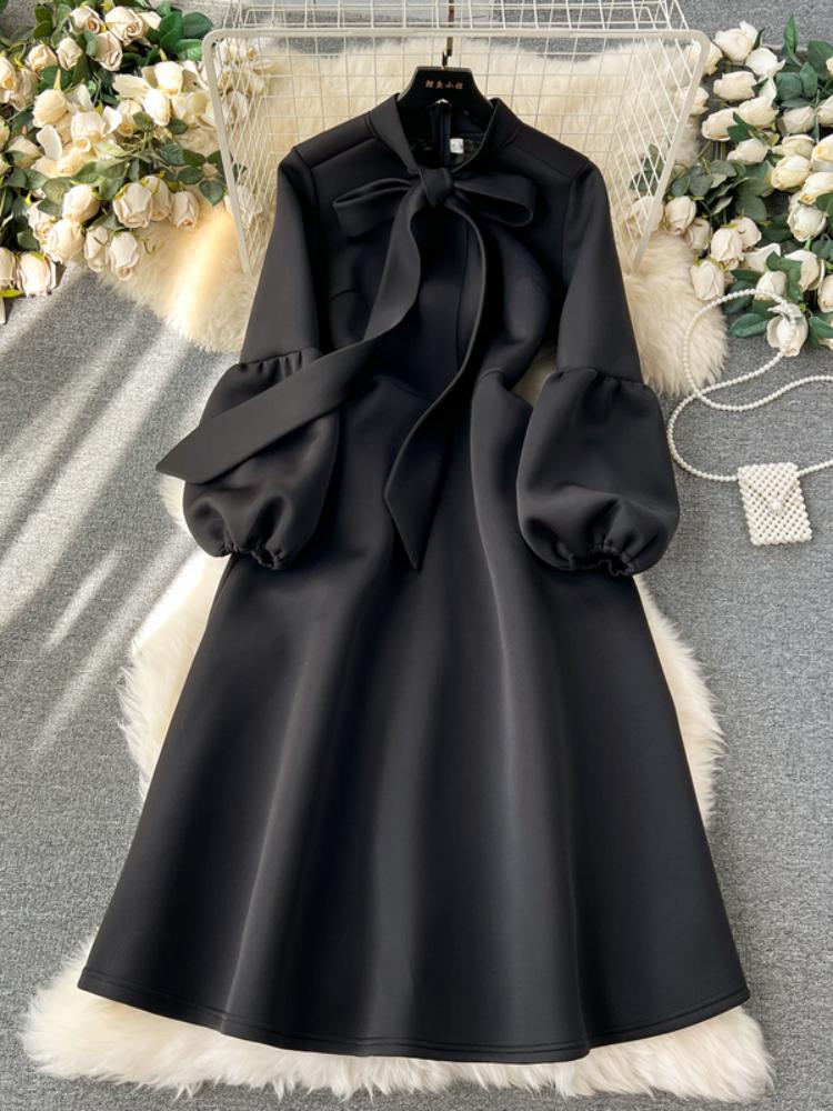 Милое стильное женское платье с бантом на шнуровке и фонариком с длинными рукавами, однотонные платья с высокой талией, осень-зима 2024, новинка 2024 г.