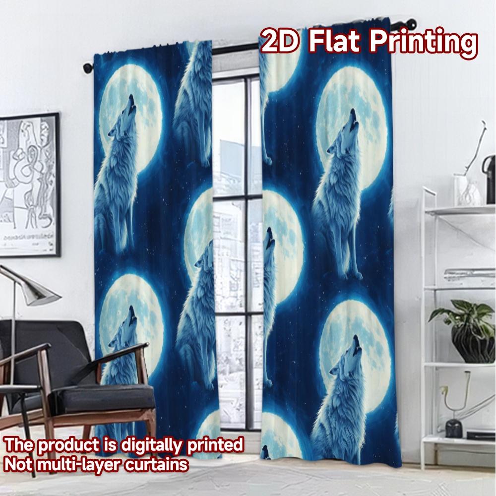 2D FLAT PRINTING 2pcs Curtains (Without Rod) Wolf Howling at Moon(1) Modern Curtain Fabric Polyester Easy Install Curtains