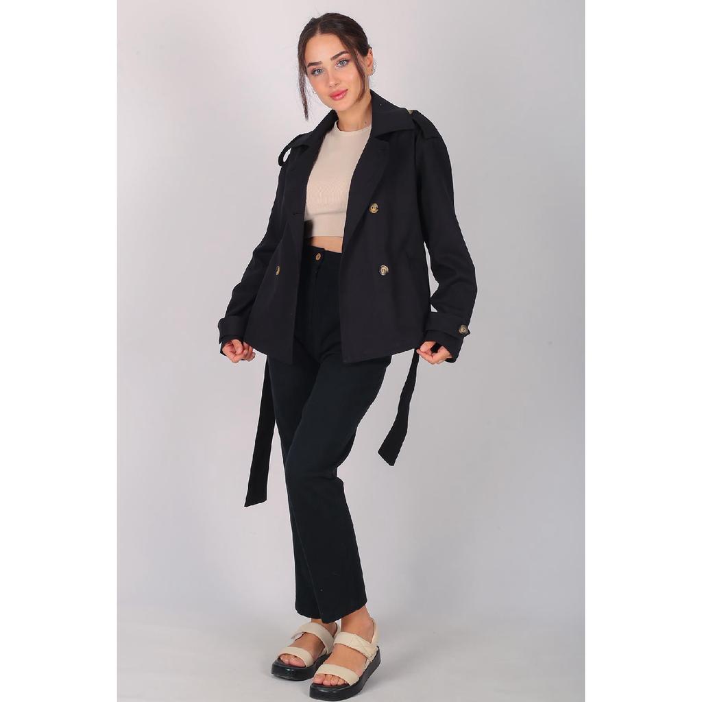 Women's Black Belted Short Trench Coat