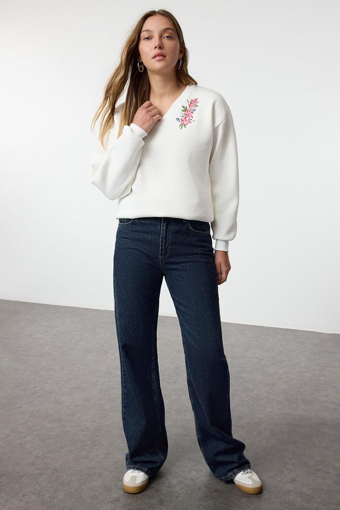 Женский модный стильный свитшот цвета экрю с цветочной вышивкой, обычный крой с v-образным вырезом, толстый внутри флисовый вязаный свитшот