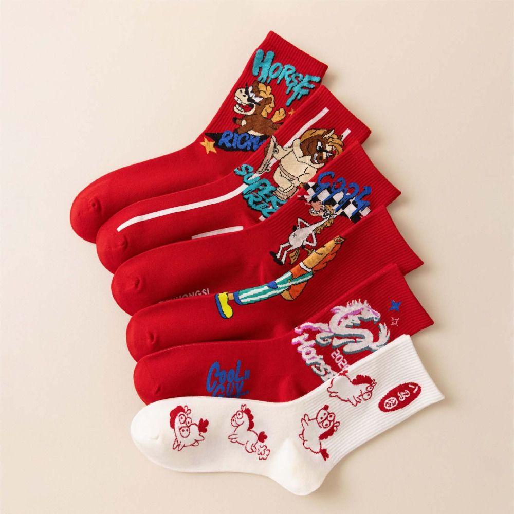 Cartoon Year of The Horse Socks Letter Zodiac Year Socks Cute New Year Tube Socks Women