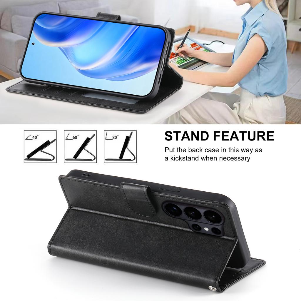 For Samsung Galaxy S26 Ultra Case Stand Wallet Calf Texture PU Leather Flip Phone Cover with Wrist Strap