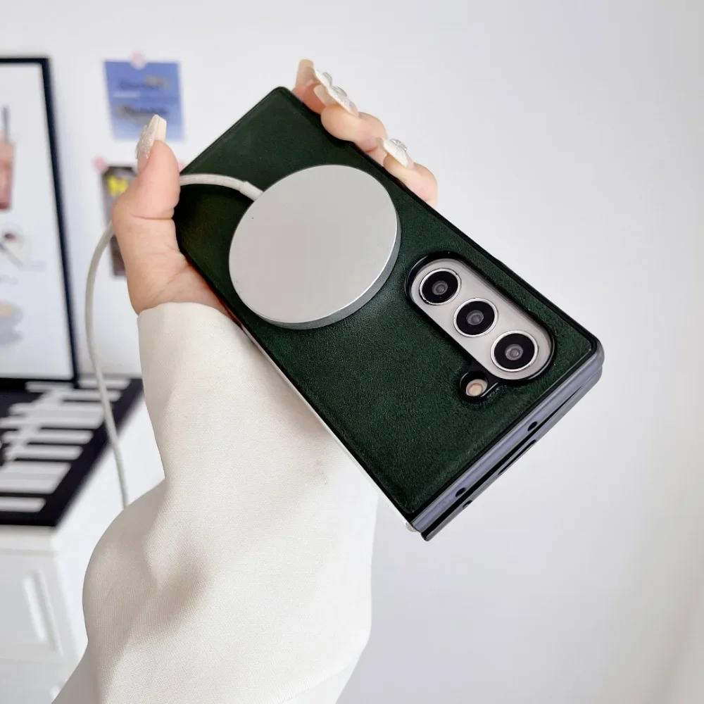 Чехол из искусственной кожи для телефона Samsung Galaxy Z Fold 6 5 4 3 Fold6 Fold5 Fold4 Fold3 5G Magnetic Wireless Charger Protective Cover