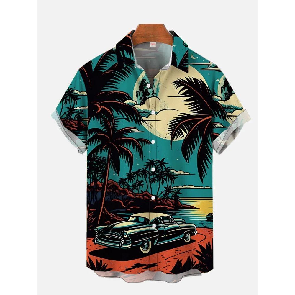 Классические гавайские рубашки с короткими рукавами и принтом в стиле тики-клуба для девушек-хула и ретро-автомобилей для мужчин, модные гавайские рубашки, пляжные блузки