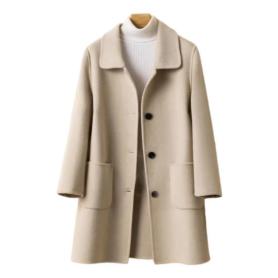 Women Jacket with Dual Pockets Lapel Solid Color Single-breasted Woolen Coat Loose Thermal Long