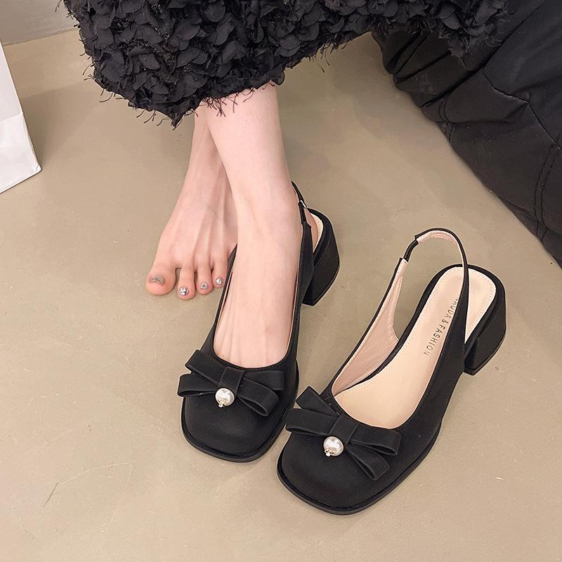 Fashion 2025 Beige Heeled Sandals Women's Female Shoe Square Toe Black New Open Block Girls Bow Comfort Summer Low Closed Casual Sandal
