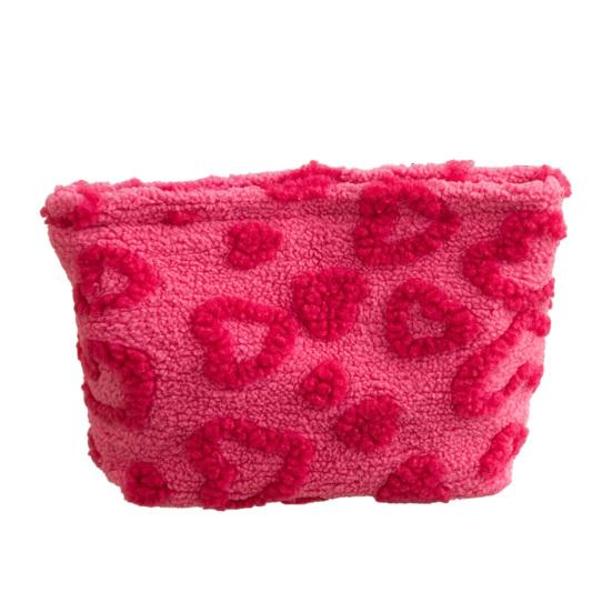 Пушистая косметичка с сердечками для девочек, милая косметичка с узором сердечек, женский плюшевый клатч на молнии для хранения косметики, украшений