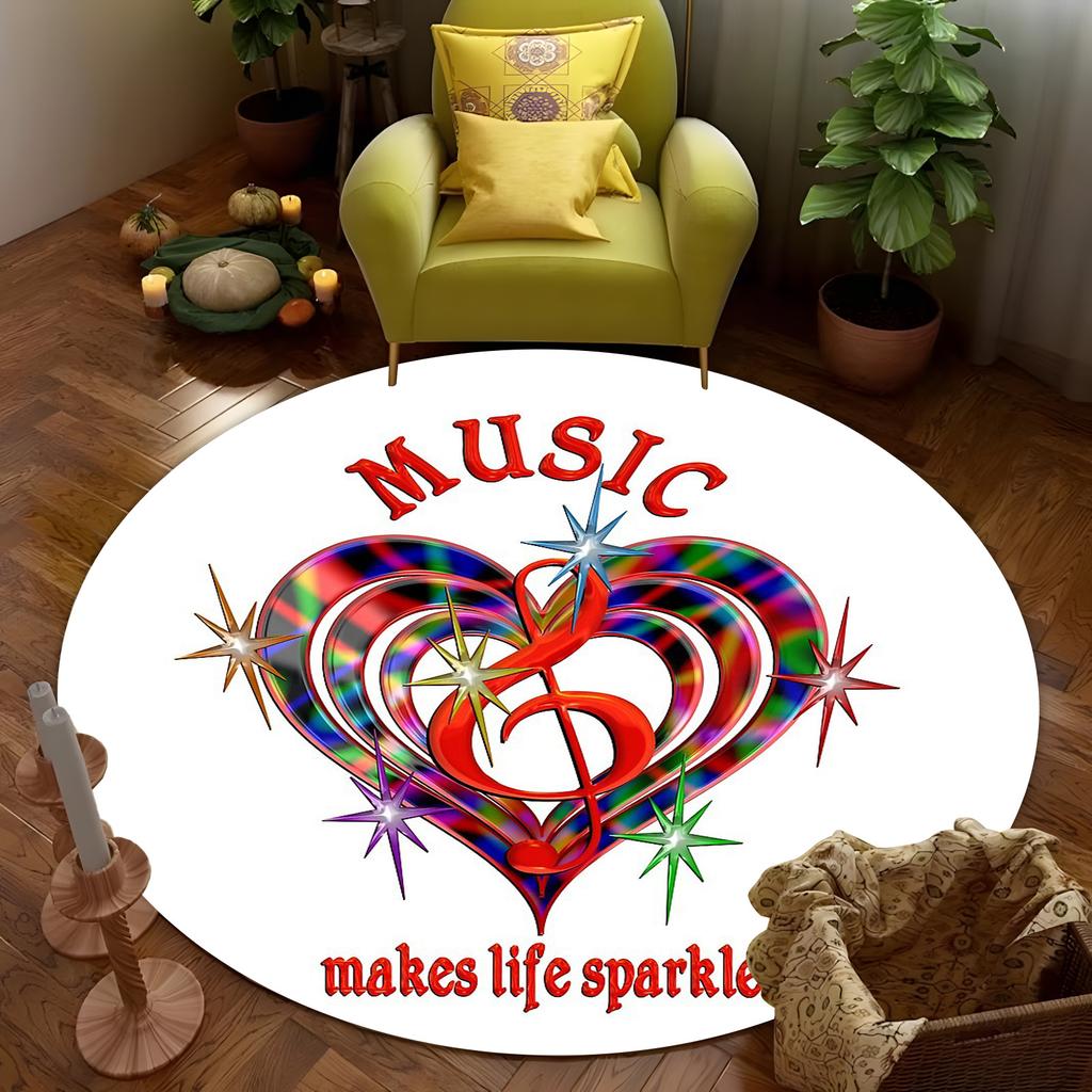 Music Sparkle Round Rug - Rainbow Heart with Treble Clef Design,Red 'Music Makes Life Sparkle' Quote,Bohemian Living Room Carpet