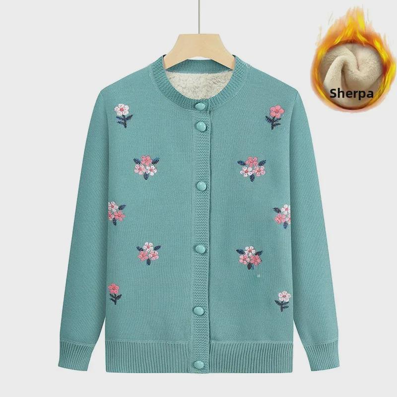 Middle-aged & Elderly Women's Plus Velvet Knitted Cardigan - Autumn/Winter Round-Neck Sweater