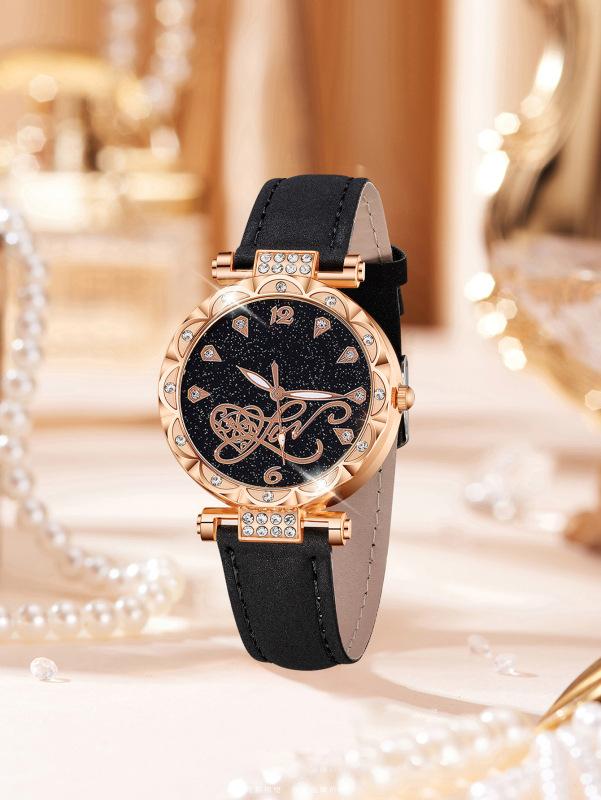 Trendy Women Quartz Watch Bracelet Set Luxury Rhinestone Dial PU Leather Band Lightweight Casual Style Female Wristwatch