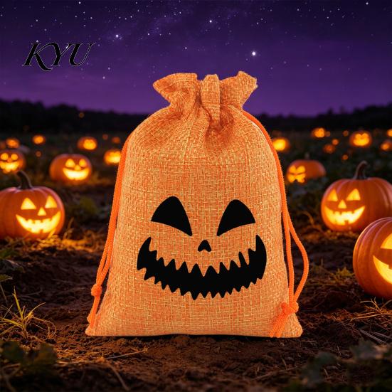 Cute Holiday Gift Sacks 2 Pcs Halloween Burlap Bags with Drawstring, Trick or Treat Ghost Face Pumpkin Prints Candy Pouch, Reusable Goodies