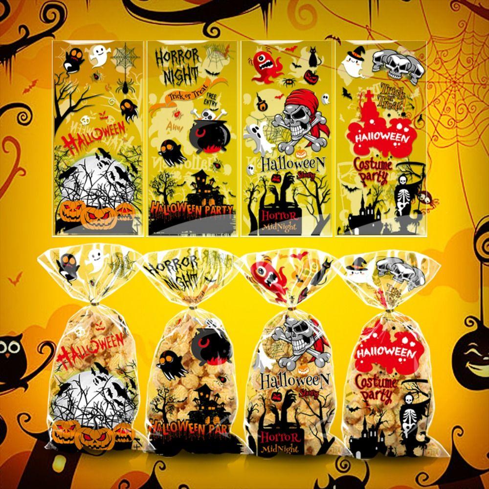 50pcs Trick or Treat Halloween Candy Bags Transparent Cellophane Pack Gift Bags  Kids Party Favors