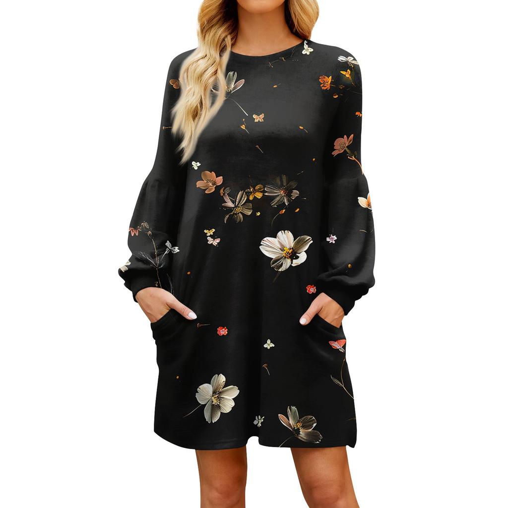 Модное женское платье трапециевидной формы с длинным рукавом. Осенний повседневный пуловер с круглым вырезом. Свободное платье с карманами.