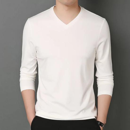 Men Fall Spring Top V Neck Long Sleeves Pure Color Slim Fit