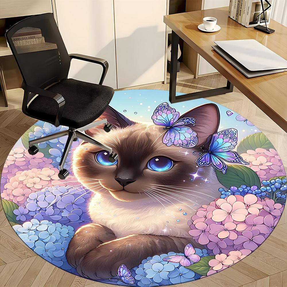 1pc Cat Butterfly Floral Office Round Rug, Carpet for Office, Gaming, Lightweight Round Floor Mat yy260208082