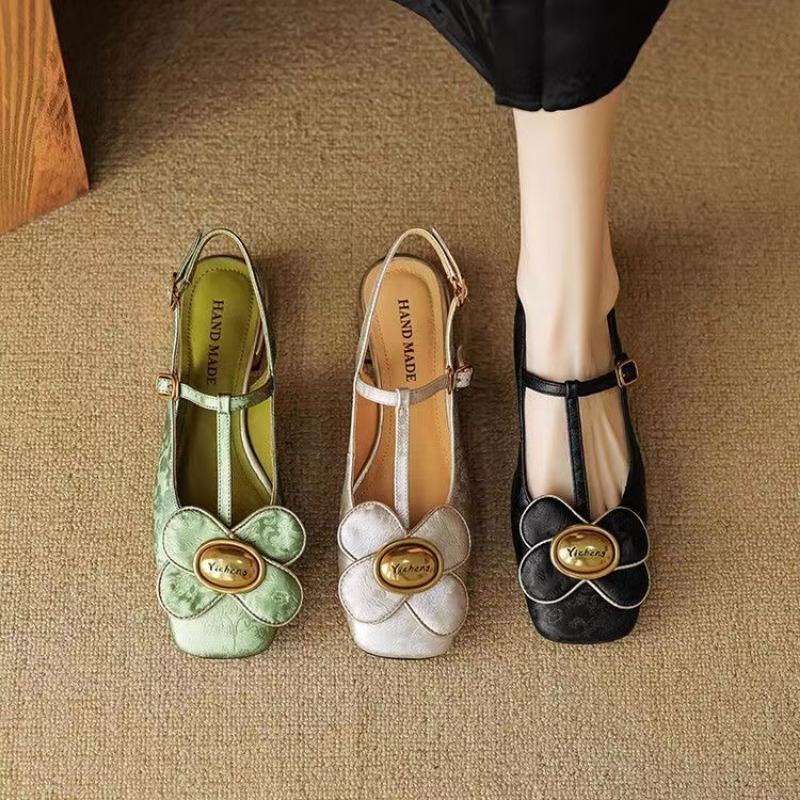 Новые женские туфли на высоком каблуке для весны и осени, женские туфли Мэри Джейн с круглым носком и низким каблуком, украшенные цветами, милые женские туфли