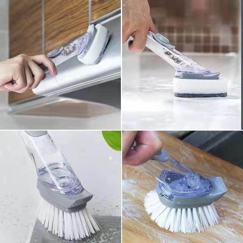 Automatic liquid dispensing press-type pot scrubber, long-handled hydraulic non-stick cleaning brush, kitchen pot scrubber.