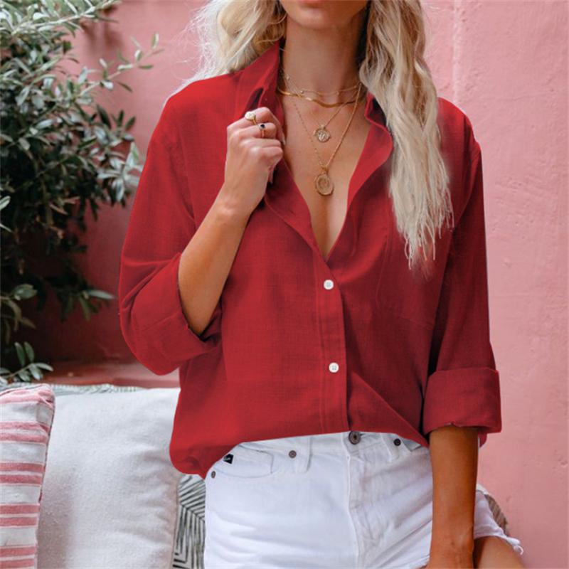 Хлопковые льняные рубашки с отложным воротником и длинными рукавами на пуговицах, женские однотонные свободные топы больших размеров, белая синяя рубашка