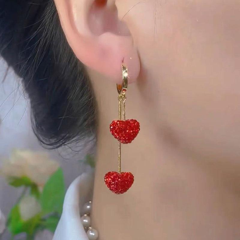Luxury Full Rhinestone Heart Fringed Earrings for Women Sweet Cute Red Ball Tassel Long Earrings Girls Daily Party Jewelry Gift