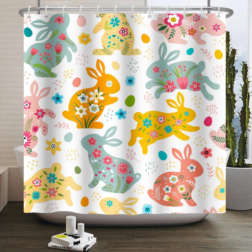Весенняя Пасхальная Занавеска для душа Счастливый Кролик Кролик Яйца Цветочный Сад Цветочный Праздничный Водонепроницаемая Занавеска для душа для ванной комнаты с крючками