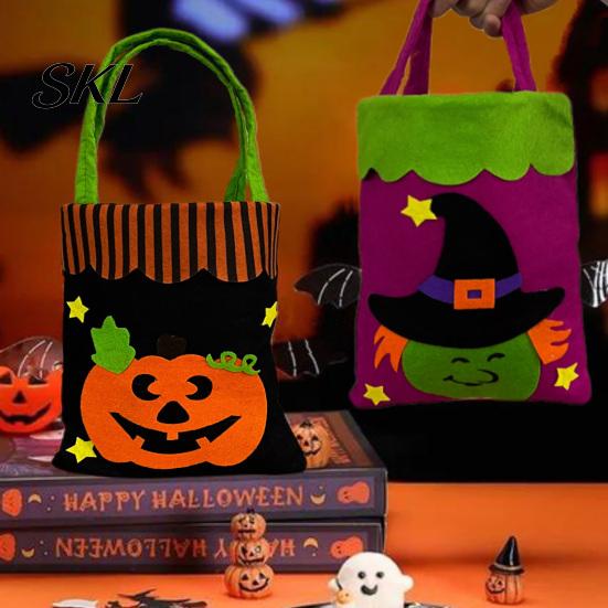 Reusable Holiday Storage Bags Halloween Candy Bags, Non-Woven Trick or Treat Tote with Handles, Pumpkin Ghost Printed Totes Cute Black Cat Print