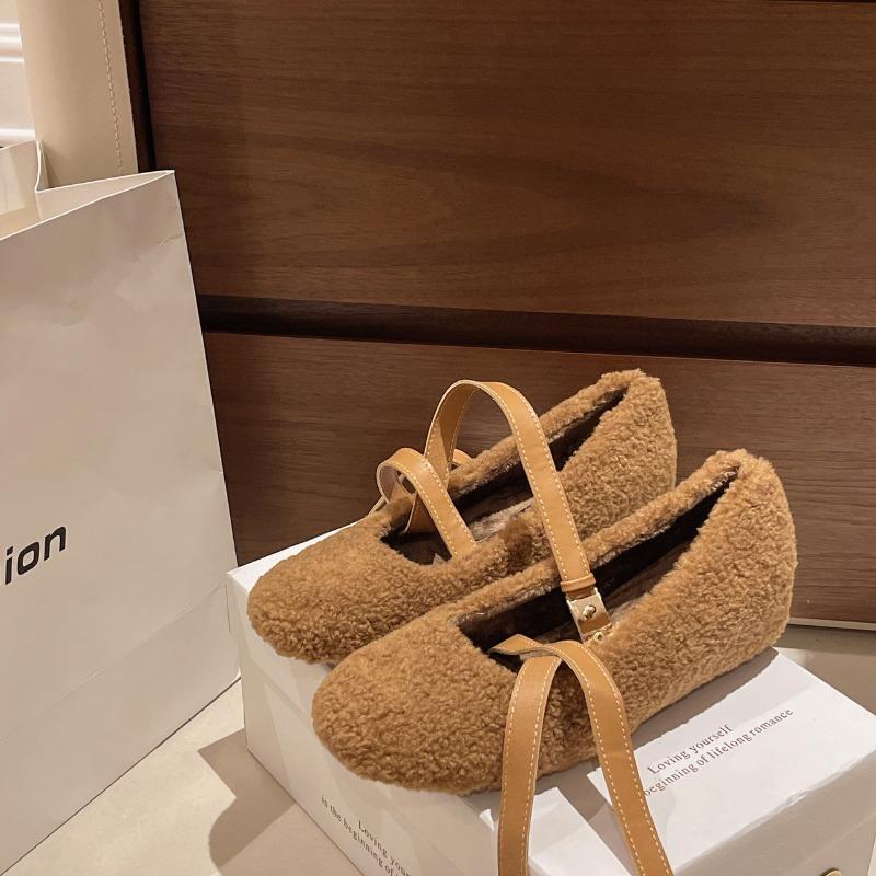 Fashion 2024 Winter Women's Flat Heel Round Toe Ballet Short Plush Single Shoe