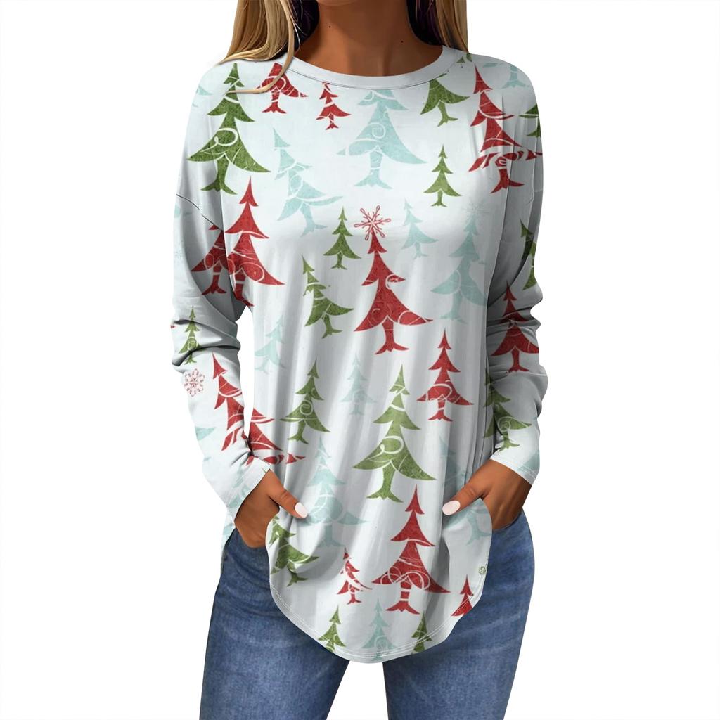 Женская модная повседневная футболка с круглым вырезом и длинным рукавом с рождественским принтом