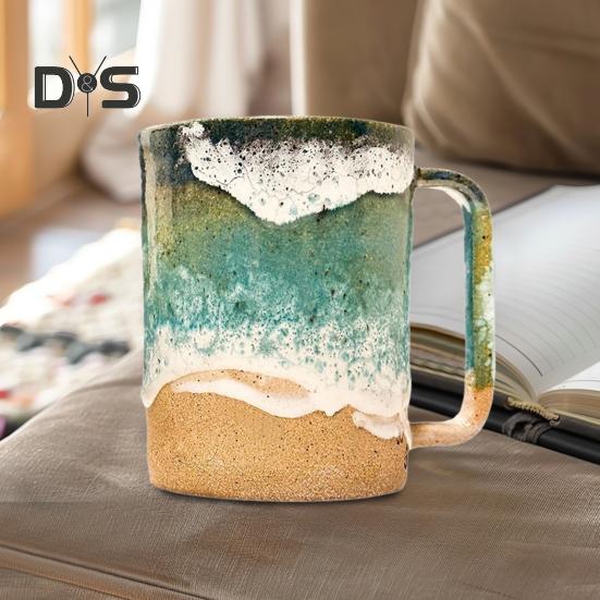 Paw Print Ocean Shoreline Mug Ceramic Coffee Cup Handmade Waves Pattern Tea Mug 11oz/15oz Sea Foam Claw Drinking Mug Beach Souvenir Gift