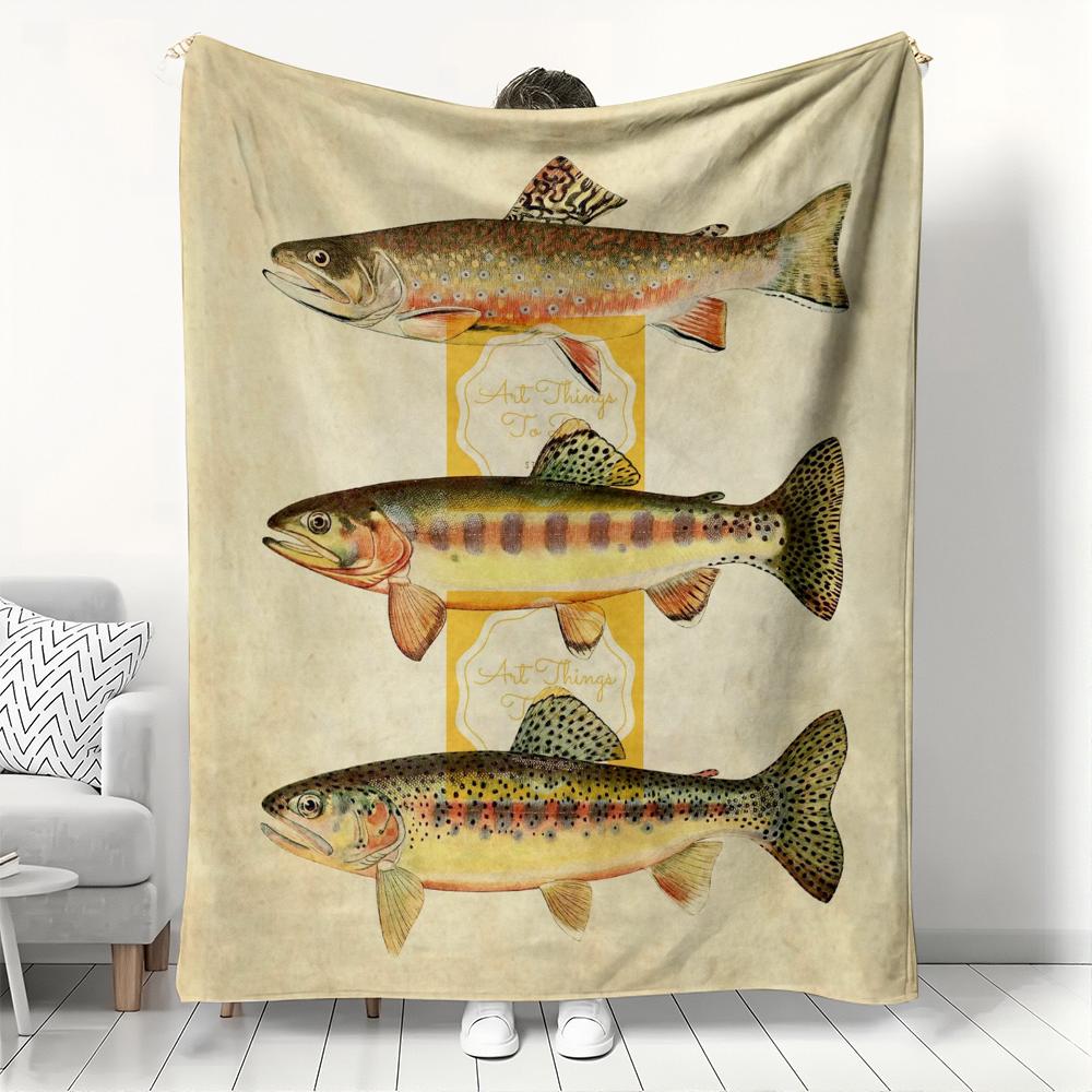 Vintage Trout Fish Illustration Flannel printed blanket suitable for all seasons suitable for living room office sofa and travel