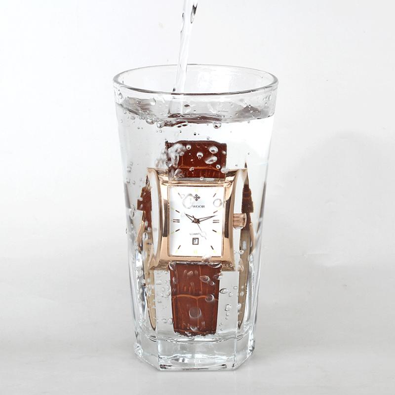 WWOOR Classic Fashion Mens Rectangle Watches Male Gold Brown Leather Quartz Waterproof Wrist Watch