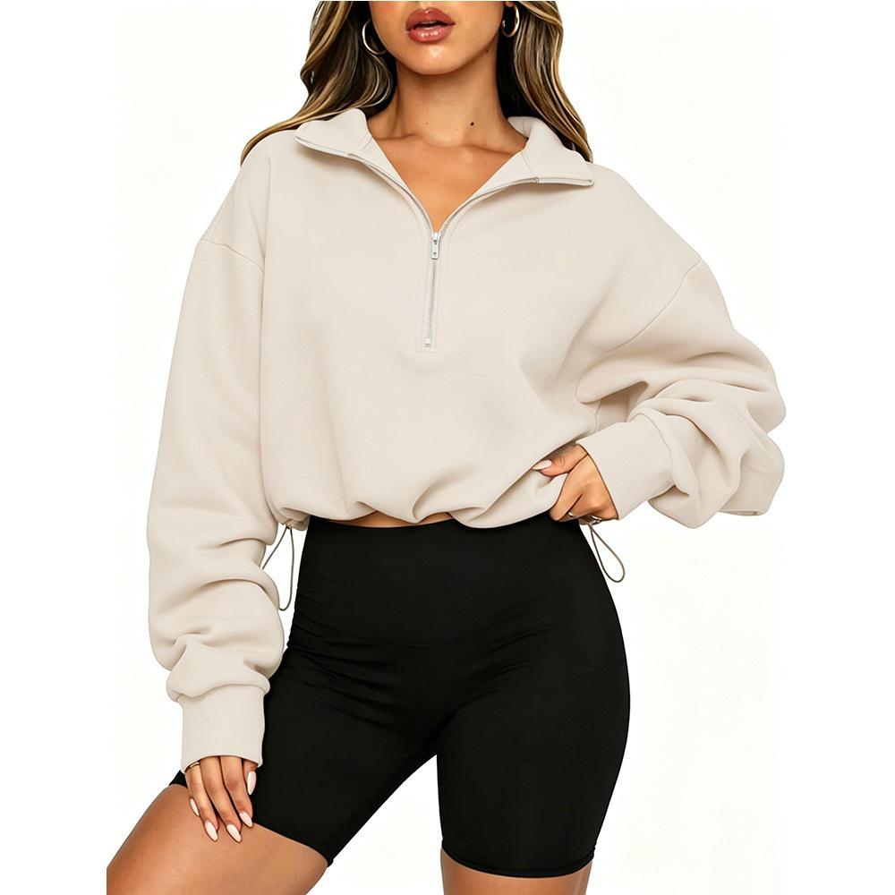 Autumn/Winter 2026 Women's European & American Style Half-Zip Lapel Sweatshirt with Drawstring Waist and Long Sleeves