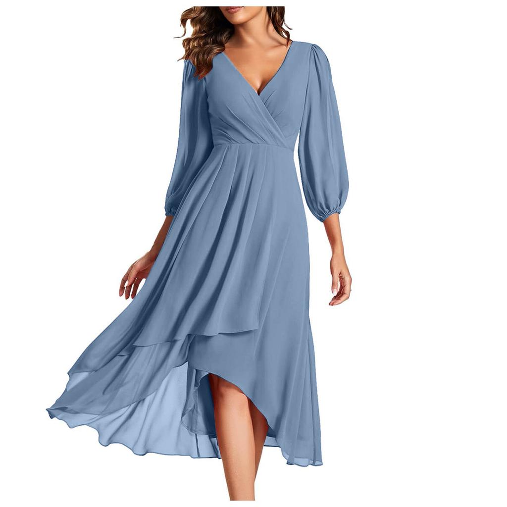 Women's Fashion V-Neck Long Sleeve Loose Slim Evening Casual Chiffon Dresses
