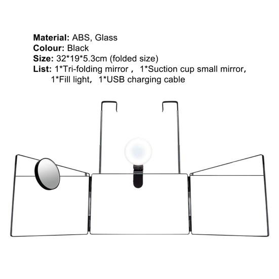 Tri-fold Mirror Hands-free No Distortion DIY 10X Magnifier Self Hair Cutting Styling Tri-fold Mirror with Fill Light for Home