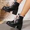 Winter Leather Chunky Women Ankle Boots Lace Up Fashion High Heels Shoes 2025 Trend Designer Classic Goth Pumps New Botas Mujer