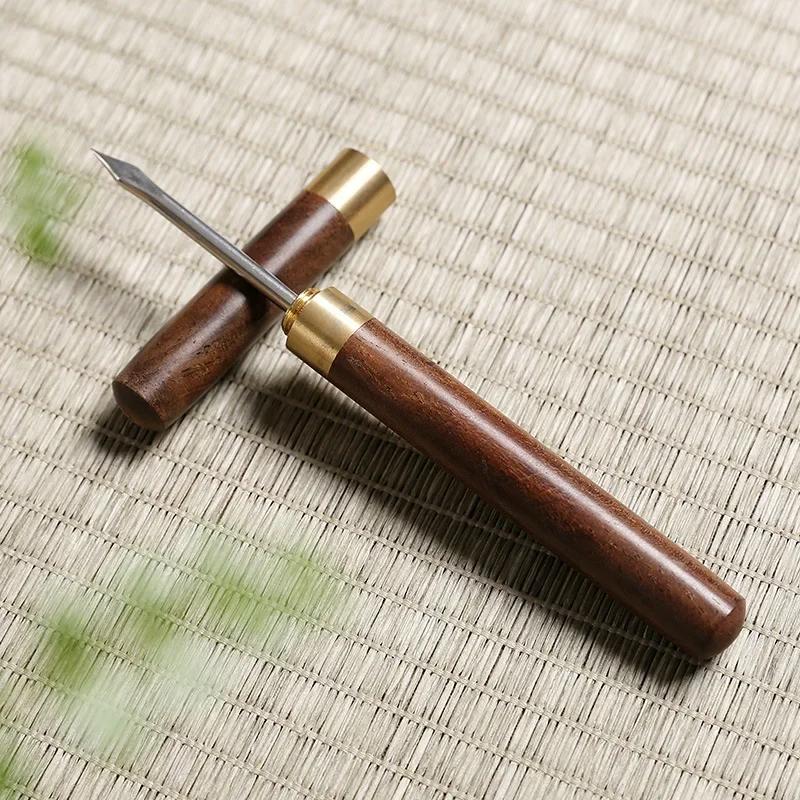 Stainless Steel Tea Needle Solid Sandalwood Ebony Wood Handle Sheath Durable Pu'er Tea Loosening Knife Tea Set Accessories