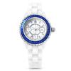 Time100 Luxury Ceramic Watch Japanese Quartz Calendar Date of the Week Diamond Dial 30M Water Resistant Watch Pure Blue and White Adjustable Band