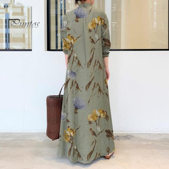 Женское летнее платье трапециевидной формы с лацканами, свободная рубашка с цветочным принтом, с короткими рукавами на пуговицах и боковыми карманами, длинное платье до щиколотки