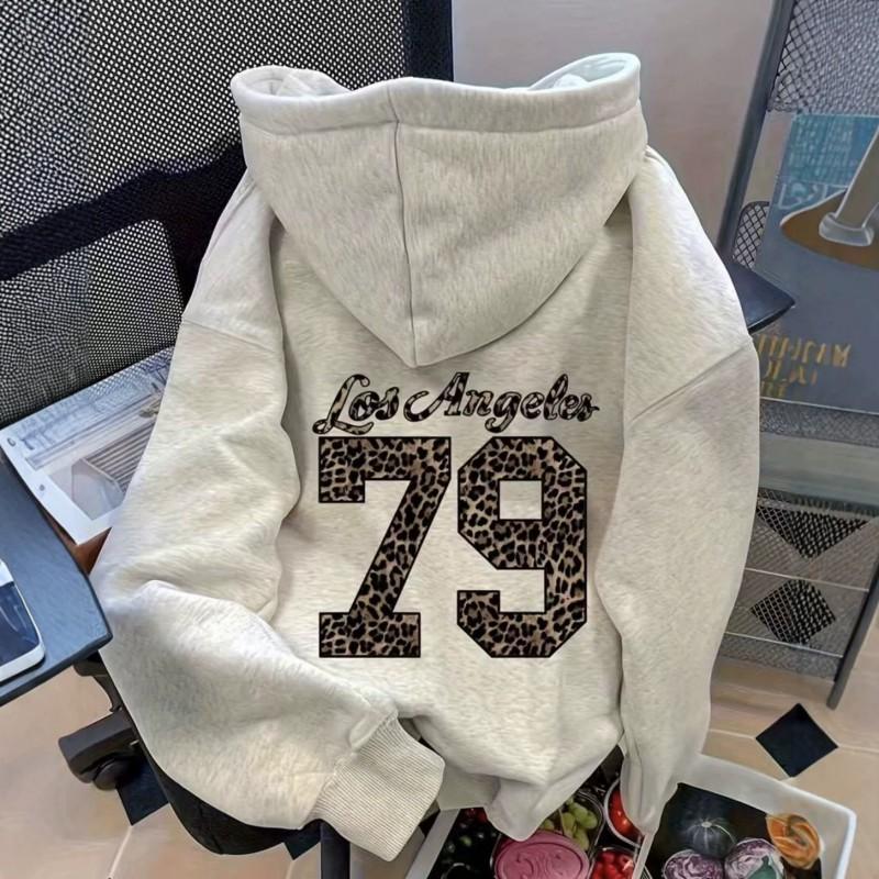 Winter Oversized Vintage Letter Print Hoodie Warm Fleece Lined Casual Commute Sweatshirt Women