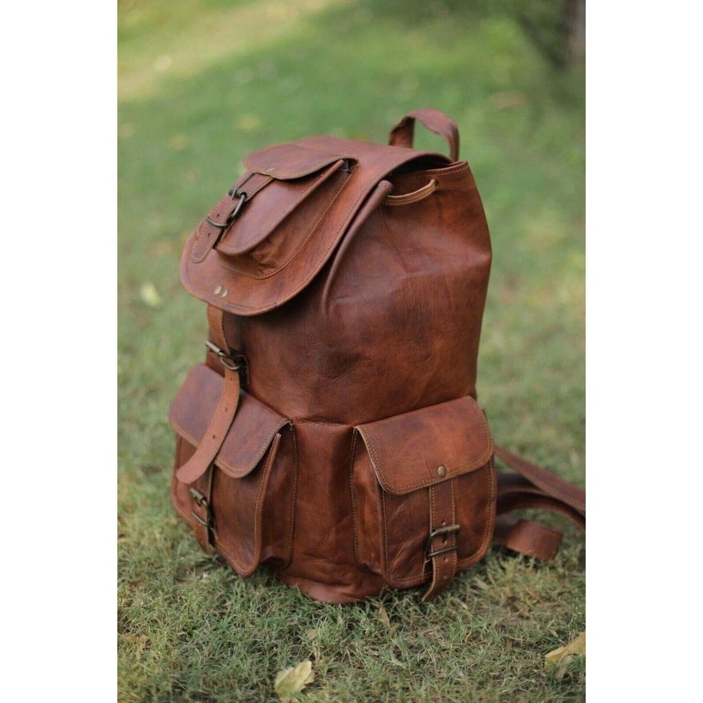 Leather Bag Goat Backpack Vintage Travel Rucksack Genuine Laptop Men's