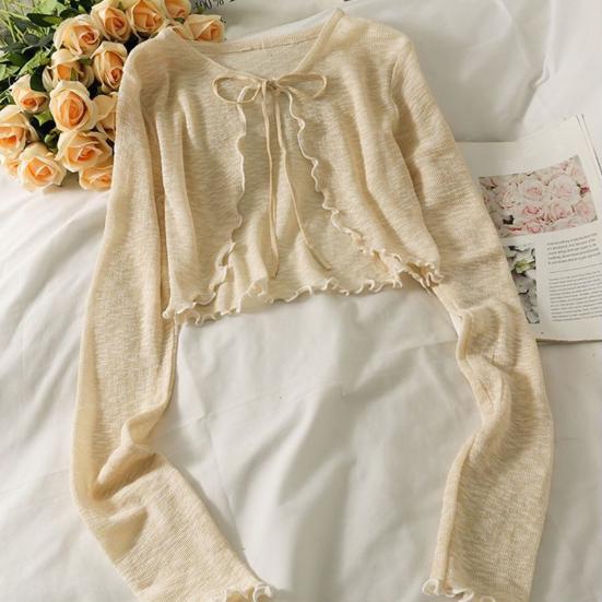 Солнцезащитный трикотажный кардиган для женщин с завязками спереди, длинными рукавами, прозрачной сеткой, пляжной накидкой с оборками и тонкими рубашками с защитой от ультрафиолета