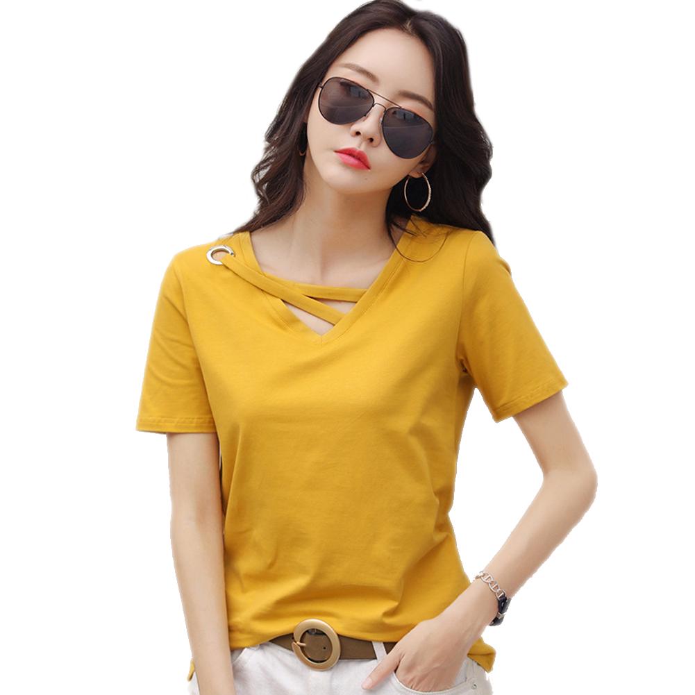 Женская летняя рубашка свободного кроя с V-образным вырезом и короткими рукавами, однотонная повседневная рубашка