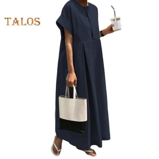 Летнее платье макси, свободное плиссированное платье с круглым вырезом и короткими рукавами, чистый цвет, большие размеры, повседневная одежда, женское платье макси